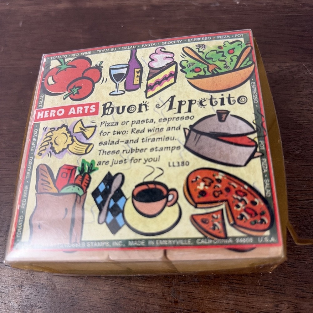 VTG Hero Arts Wood Mounted Rubber Stamps Buon Appetito Food Pizza Salad LL380